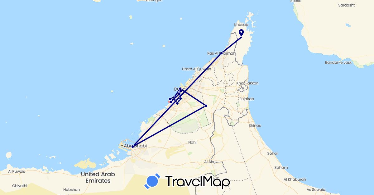 TravelMap itinerary: driving, hiking in United Arab Emirates, Oman (Asia)